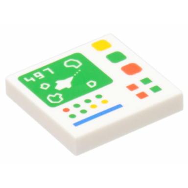 white tile 2 x 2 with 497 and galaxy explorer on control screen and red bright green yellow and blue buttons lights and line pattern