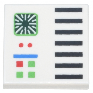 white tile 2 x 2 with computer panel with dark green screen and bright green red blue and black lights buttons and grille lines pattern