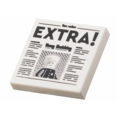 white tile 2 x 2 with newspaper with black extra! and policeman minifigure with cap pattern