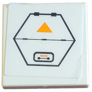 white tile 2 x 2 with hexagonal hatch door with hinges orange triangle and double arrow pattern sticker - set 7649