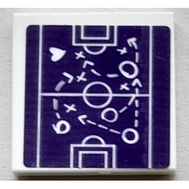 white tile 2 x 2 with dark purple soccer pitch with dotted lines arrows circles and heart pattern sticker - set 41669