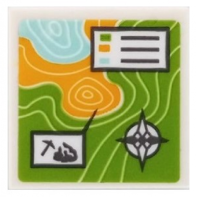 white tile 2 x 2 with map topographical with compass rose and pickaxe pattern sticker - set 41432