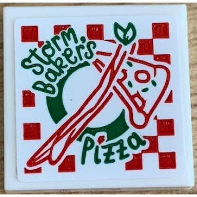 white tile 2 x 2 with green and red storm bakers pizza box pattern sticker - set 76200