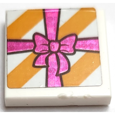 white tile 2 x 2 with bright light orange diagonal stripes and holographic magenta ribbon with bow pattern sticker - set 41167
