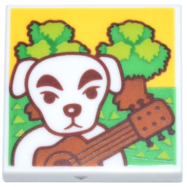 white tile 2 x 2 with white dog dark orange guitar bright green and lime grass and trees pattern animal crossing k.k slider forest life album cover