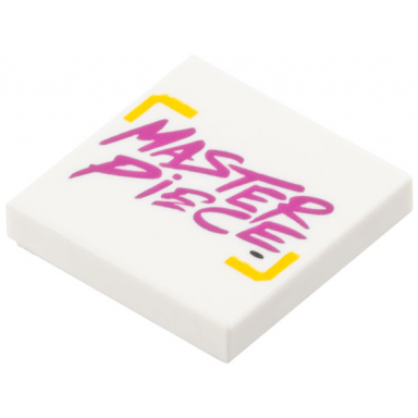 white tile 2 x 2 with magenta and bright light orange masterpiece logo pattern