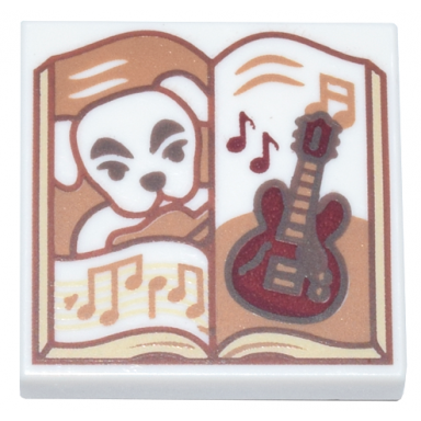 white tile 2 x 2 with open book with white dog dark red guitar and medium nougat music notes pattern animal crossing k.k slider