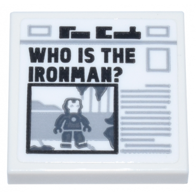 white tile 2 x 2 with newspaper with black who is the ironman? iron man photo and light bluish gray text pattern sticker - set 76269