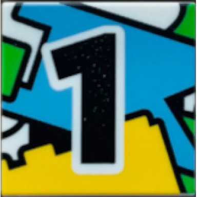 white tile 2 x 2 with blue flag yellow brick and black number 1 pattern