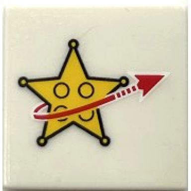 white tile 2 x 2 with yellow star justice badge and red arrow pattern sticker - set 10191