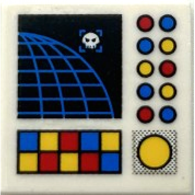 white tile 2 x 2 with computer screen with wire frame globe skull blue red and yellow buttons and lights pattern sticker - set 10191