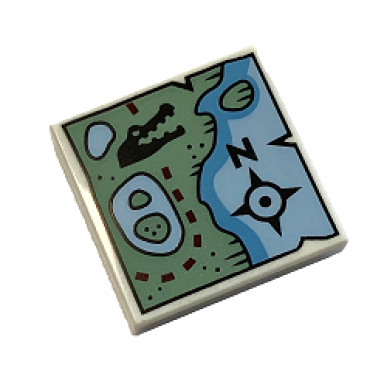 white tile 2 x 2 with map of coastline with sand green land black alligator crocodile head dark red dotted line and compass rose with letter n pattern