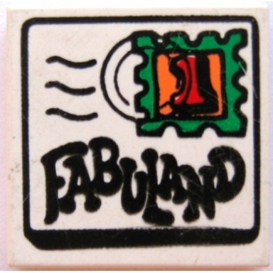 white tile 2 x 2 with fabuland mail envelope text and 1 stamp pattern