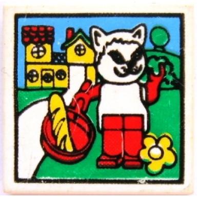 white tile 2 x 2 with fabuland house and cat pattern