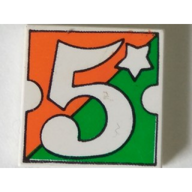 white tile 2 x 2 with number 5 fabuland orange green background pattern