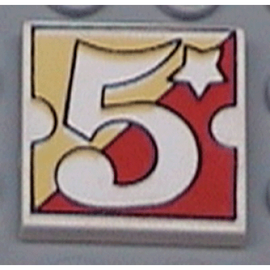 white tile 2 x 2 with number 5 fabuland yellow red background pattern