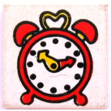 white tile 2 x 2 with fabuland alarm clock pattern