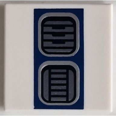 white tile 2 x 2 with dark silver sw r2-d2 astromech droid vents on dark blue rectangle pattern