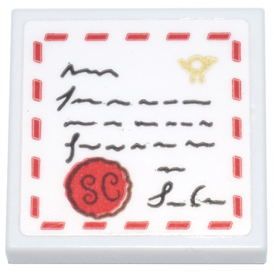 white tile 2 x 2 with letter with gold mail horn black script and signature red dashed line border and seal with sc pattern sticker - set 10339