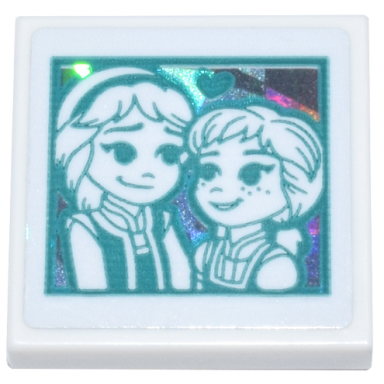 white tile 2 x 2 with picture of anna and elsa with dark turquoise heart and outlines on silver holographic background pattern sticker - set 43244