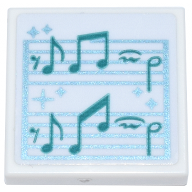 white tile 2 x 2 with sheet music with dark turquoise notes and metallic light blue lines and sparkles pattern sticker - set 43244