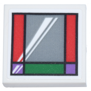 white tile 2 x 2 with black green medium lavender and red window frame with silver window and white reflection pattern sticker - set 76437