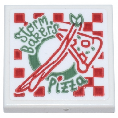 white tile 2 x 2 with sand green and red storm bakers pizza box pattern sticker - set 76218
