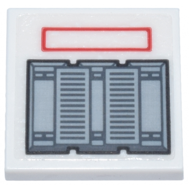 white tile 2 x 2 with light bluish gray and black mechanical panel dark bluish gray air vents and red rectangle pattern sticker - set 75357