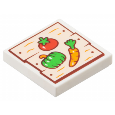 white tile 2 x 2 with light nougat wood grain boards with reddish brown nails and red orange and bright green tomato paprika pepper and carrot pattern