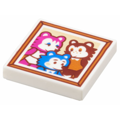 white tile 2 x 2 with family portrait in reddish orange frame with magenta reddish brown and blue animals pattern
