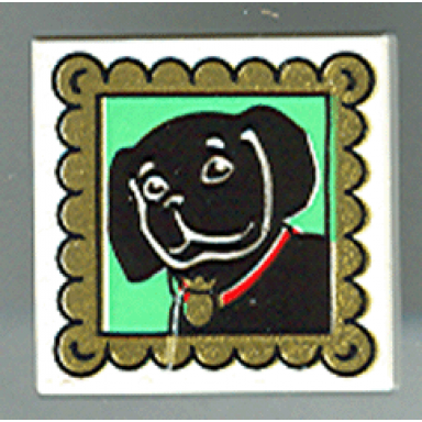 white tile 2 x 2 with black dog with red collar portrait in gold frame pattern