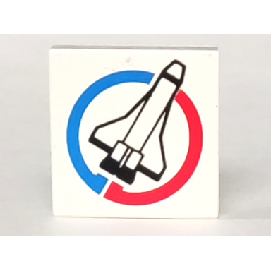 white tile 2 x 2 with space shuttle in blue and red circle launch command logo pattern