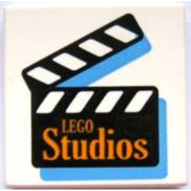 white tile 2 x 2 with orange lego studios on black film slate pattern