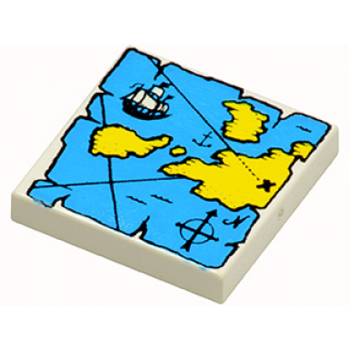 white tile 2 x 2 with map with blue water yellow land ship and black letter x treasure marker pattern