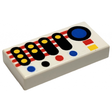 white tile 1 x 2 with control panel with black blue red and yellow buttons and stripes pattern