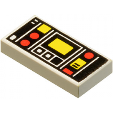 white tile 1 x 2 with red and yellow controls and two white stripes on left pattern
