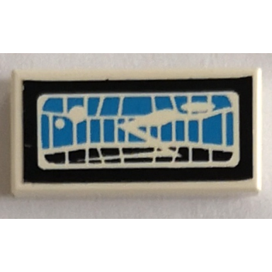 white tile 1 x 2 with medium blue and black headlight pattern sticker - sets 8431 8438 8460