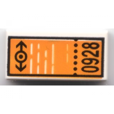 white tile 1 x 2 with orange ticket with black train logo and 0928 pattern