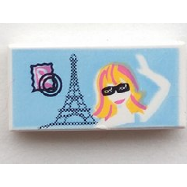 white tile 1 x 2 with stamp eiffel tower and waving girl with sunglasses pattern