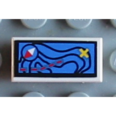 white tile 1 x 2 with blue map compass and yellow x pattern sticker - set 8480