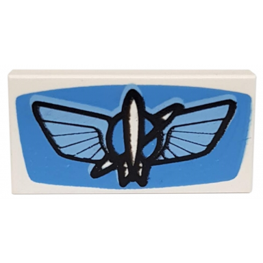 white tile 1 x 2 with planet with wings and rocket pattern