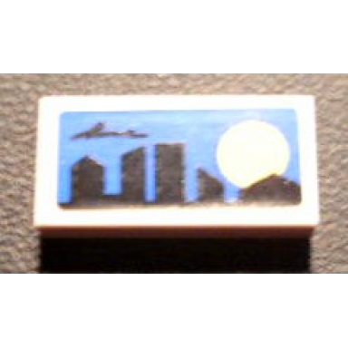 white tile 1 x 2 with skyline and sunset on blue background pattern sticker - set 8404