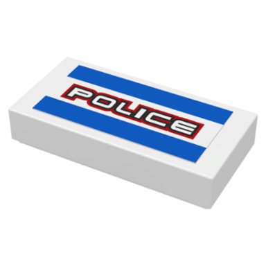 white tile 1 x 2 with blue lines and white police with black and red outline pattern sticker - set 8301
