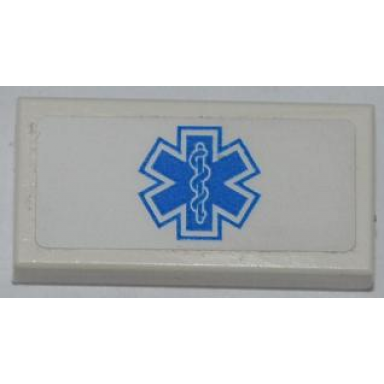 white tile 1 x 2 with blue emt star of life pattern sticker - set 4431