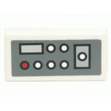 white tile 1 x 2 with control panel with red and white buttons on dark bluish gray background pattern model right side sticker - set 7661