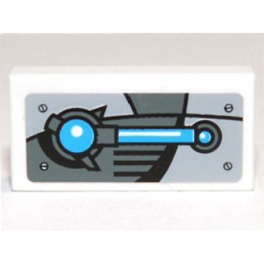 white tile 1 x 2 with blue and gray mechanical pattern sticker - set 70003