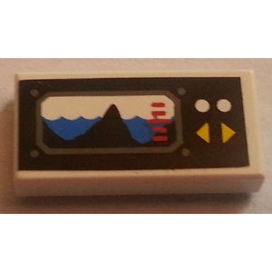 white tile 1 x 2 with black mountain rising out of blue waves display with white and yellow buttons pattern sticker - set 8480