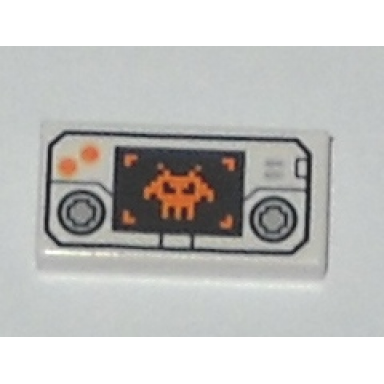 white tile 1 x 2 with handheld video game with directional pads orange buttons and pixelated alien on black screen pattern