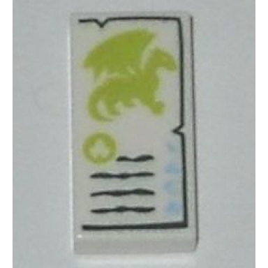 white tile 1 x 2 with lime dragon dark green lines and bright light blue elemental symbols pattern