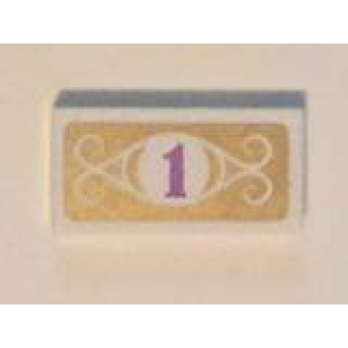 white tile 1 x 2 with medium lavender number 1 in white circle with swirls on gold background pattern sticker - set 41101